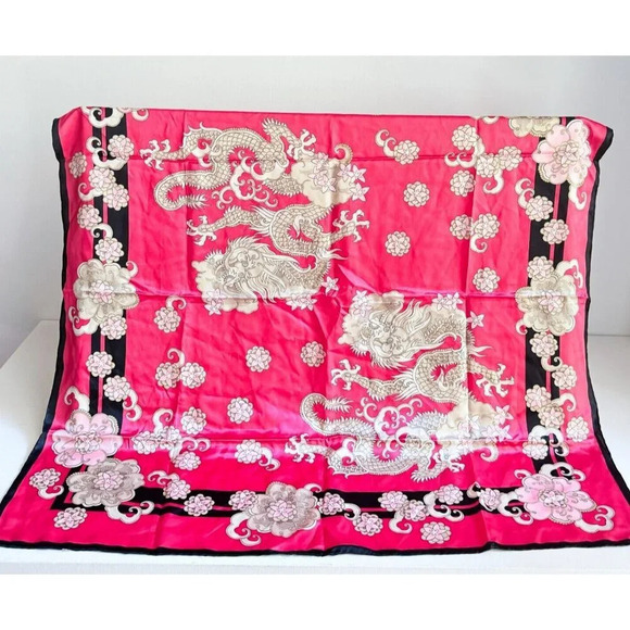 Vintage Basler Pink Dragon Floral Print Hand Rolled edge Silk Scarf - Picture 1 of 7
